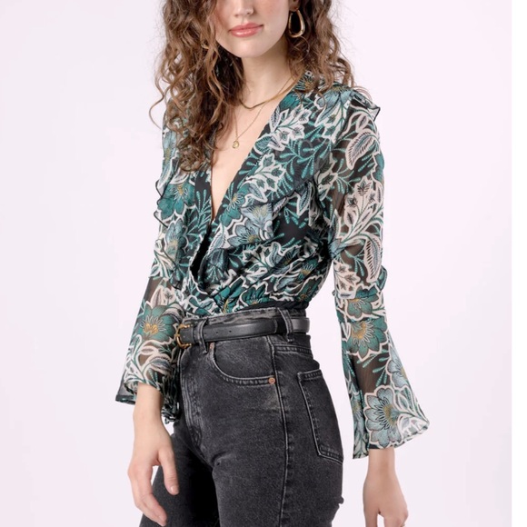 NWT Band of the Free Floral Chiffon Ruffle Bodysuit Green Black Women’s Small - Picture 5 of 9